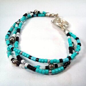 Turquoise & Silver Beaded Bracelet | Multi-Strand Seed Bead Wrap